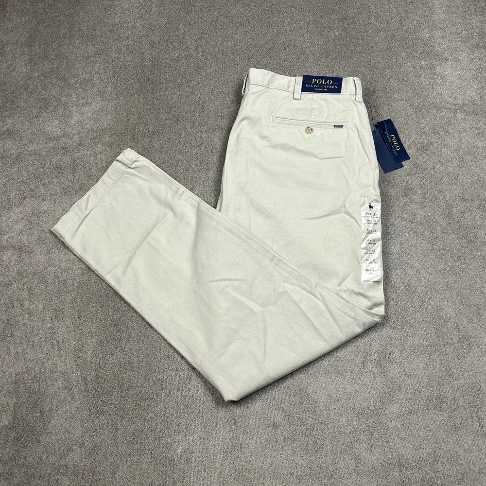 NEW Polo Ralph Lauren Classic Fit Chino Pants Mens 36 x 32 Khaki Flat Front